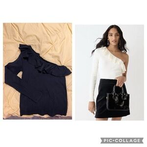🏷️ J. Crew One-Shoulder Ruffleneck Top in Vintage Rib Black NWOT
